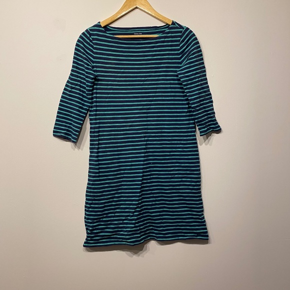 Garnet Hill Blue and Green Striped 3/4 Sleeve Cotton Mini Summer Dress - Picture 1 of 4